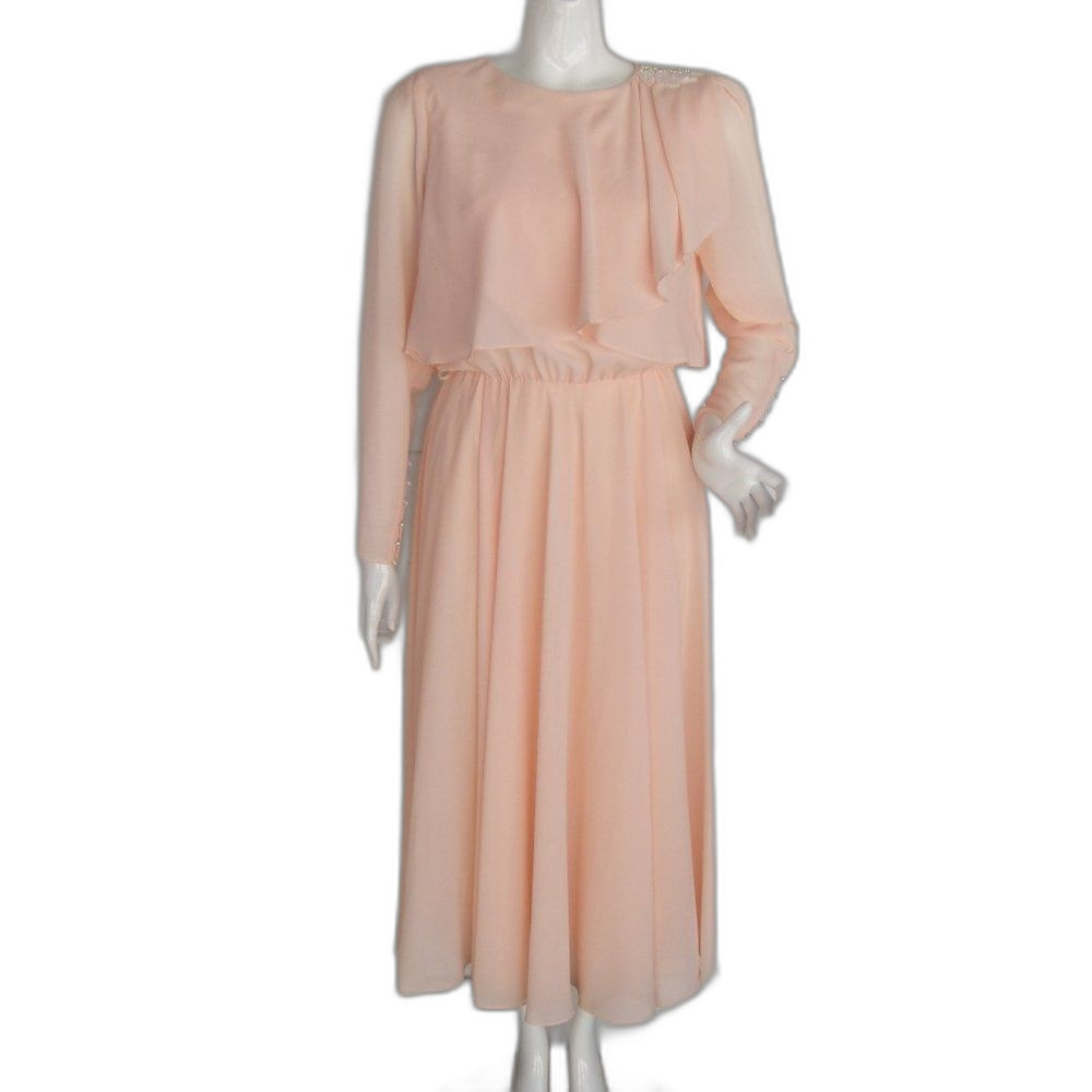 URSULA Dress, S, Peach, Midi, Long sleeves, Beaded shoulder, Vintage